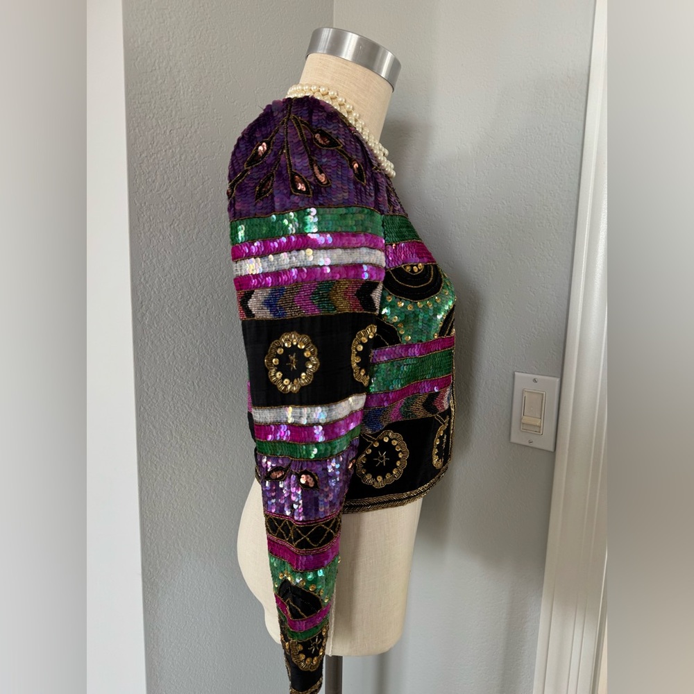 100% Silk Heavily Beaded Sequin Leslie Faye Bolero Small - Picture 3 of 11